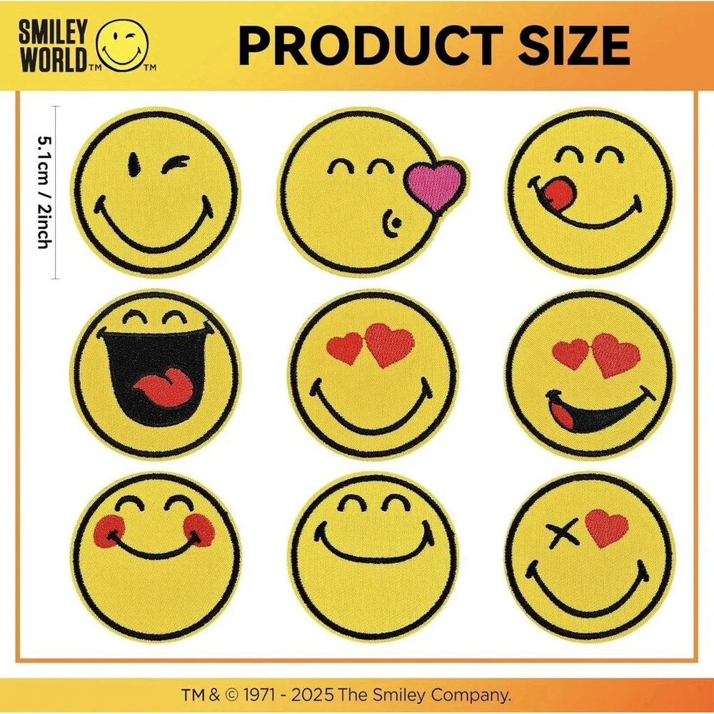 Smiley World Embroidered Iron On Patches Set 9 Piece Yellow Emoji Smiley Face